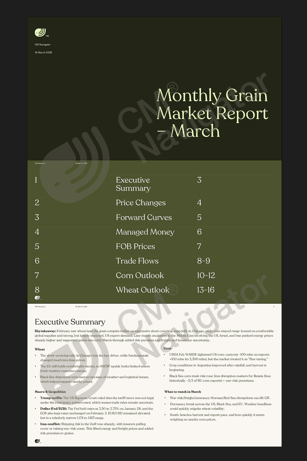 Preview of the CMN Monthly Grains Outlook report with in-depth global grain market analysis covering supply, demand, pricing dynamics and monthly grain market outlook