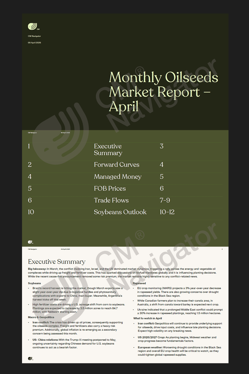 Preview of the CMN Monthly Oilseeds Market Report showing soybean, rapeseed, and canola forward curves, managed money positioning, FOB prices, trade flow tables for Brazil, US, Argentina, Canada, and Ukraine, and USDA/CMN supply-and-balance tables for US, China, Brazil, and Argentina soybeans.