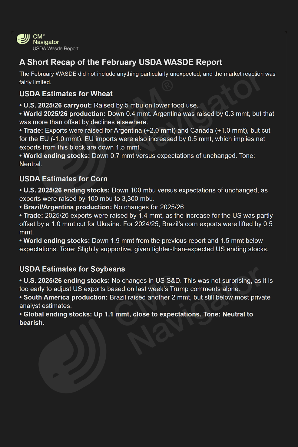 Preview of the CMN USDA WASDE report comparing month-over-month changes in global grain and oilseed supply and demand balances with analyst market direction commentary