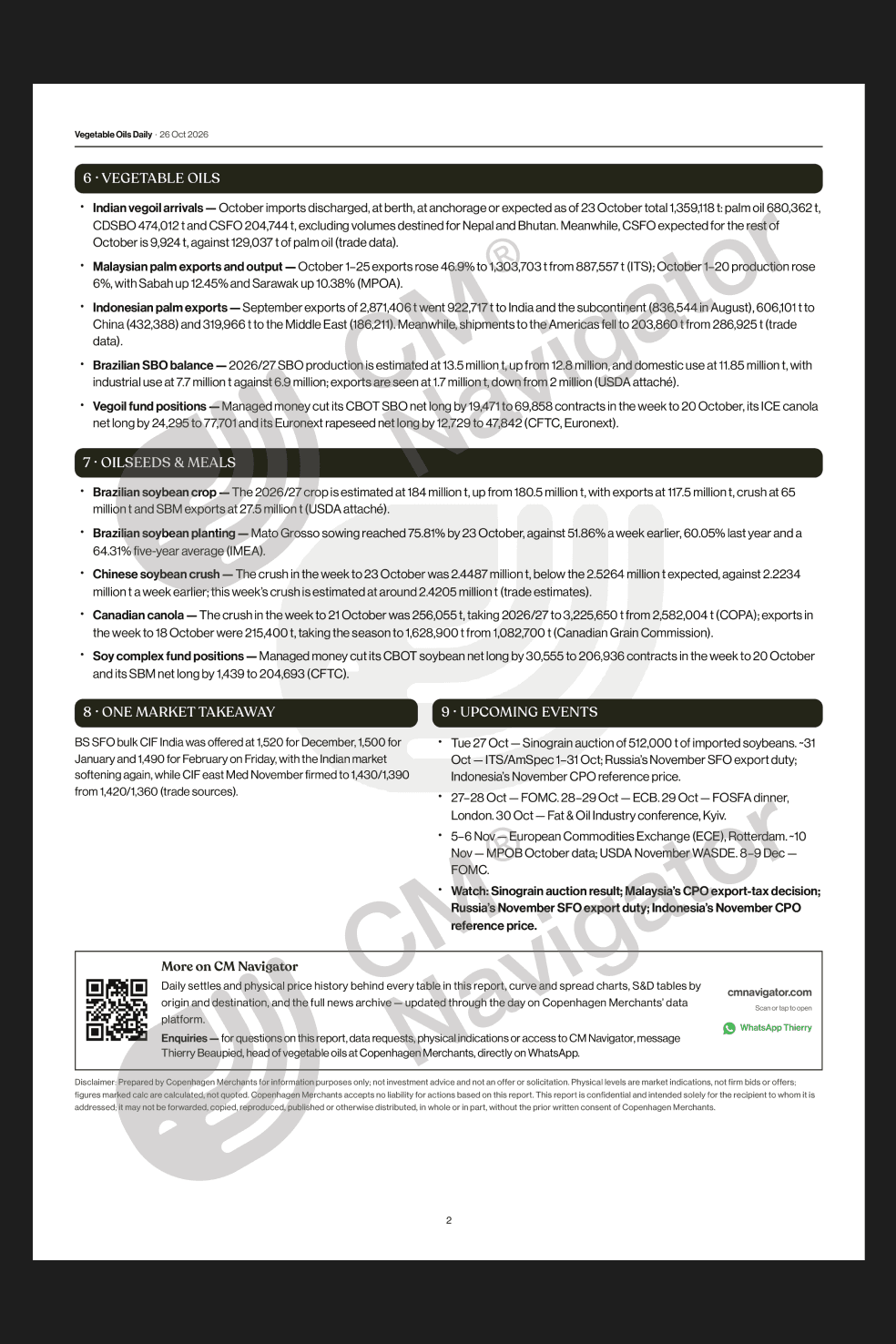 CM Navigator Vegetable Oils Daily report covering Indian vegetable oil imports, Malaysian and Indonesian palm oil exports, Brazilian soybean production, oilseed crushing activity, commodity fund positions, key market takeaways and upcoming industry events.